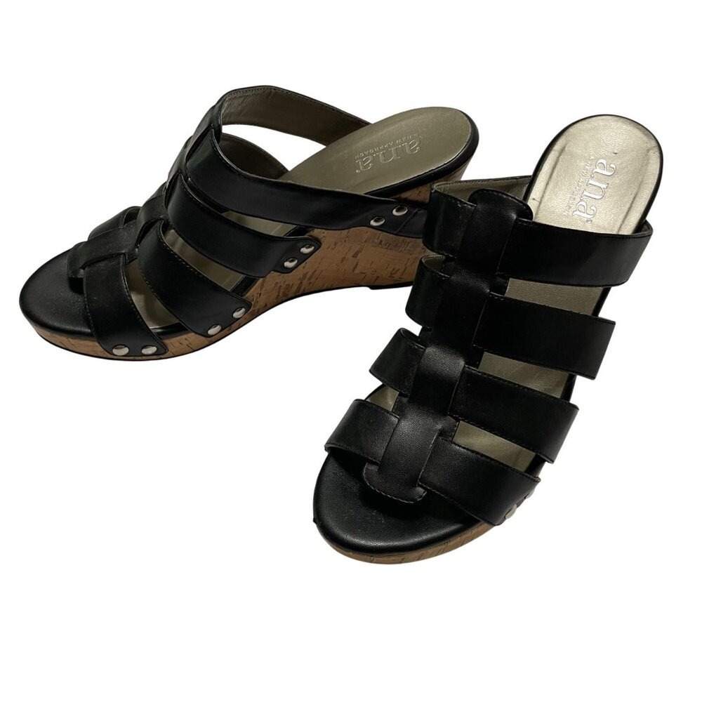a.n.a Wedge Sandals Womens 8 Black Strappy Cork Platform Gladiator Studded Slide
